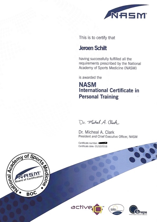 Jeroen Schilt NASM Personal Training Certificaat